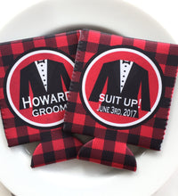 Load image into Gallery viewer, Groomsman Suit Up Huggers. Bachelor Party Buffalo Plaid Tuxedo Favors! Black Tie Bachelor Party Gifts. Tuxedo Can Coolers.
