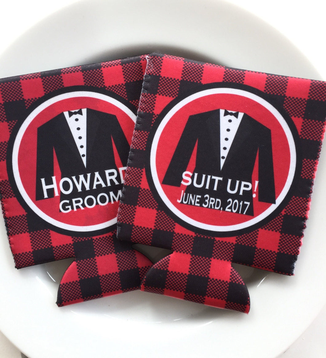 Groomsman Suit Up Huggers. Bachelor Party Buffalo Plaid Tuxedo Favors! Black Tie Bachelor Party Gifts. Tuxedo Can Coolers.