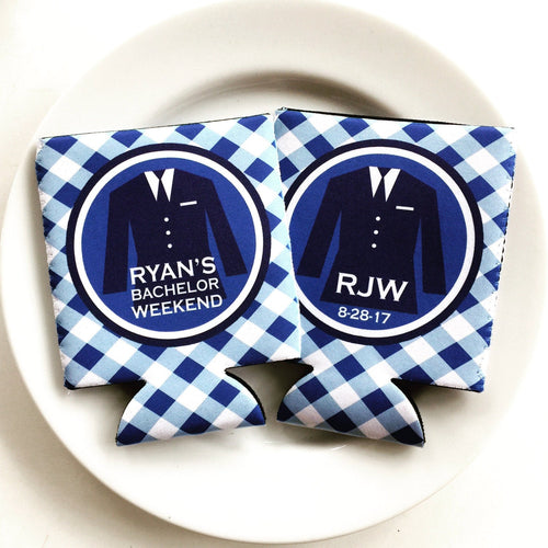 Gingham Suit Up Huggers. Bachelor Party Gingham Favors! Preppy Gingham Bachelor Party Gifts. Suit up Can Coolers.
