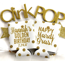 Load image into Gallery viewer, Gold and White Polka Dot Huggers. Bachelorette or Birthday Huggers. Gold &quot;Glitter&quot; Girl&#39;s Weekend Favors. Golden Birthday Party Favors.
