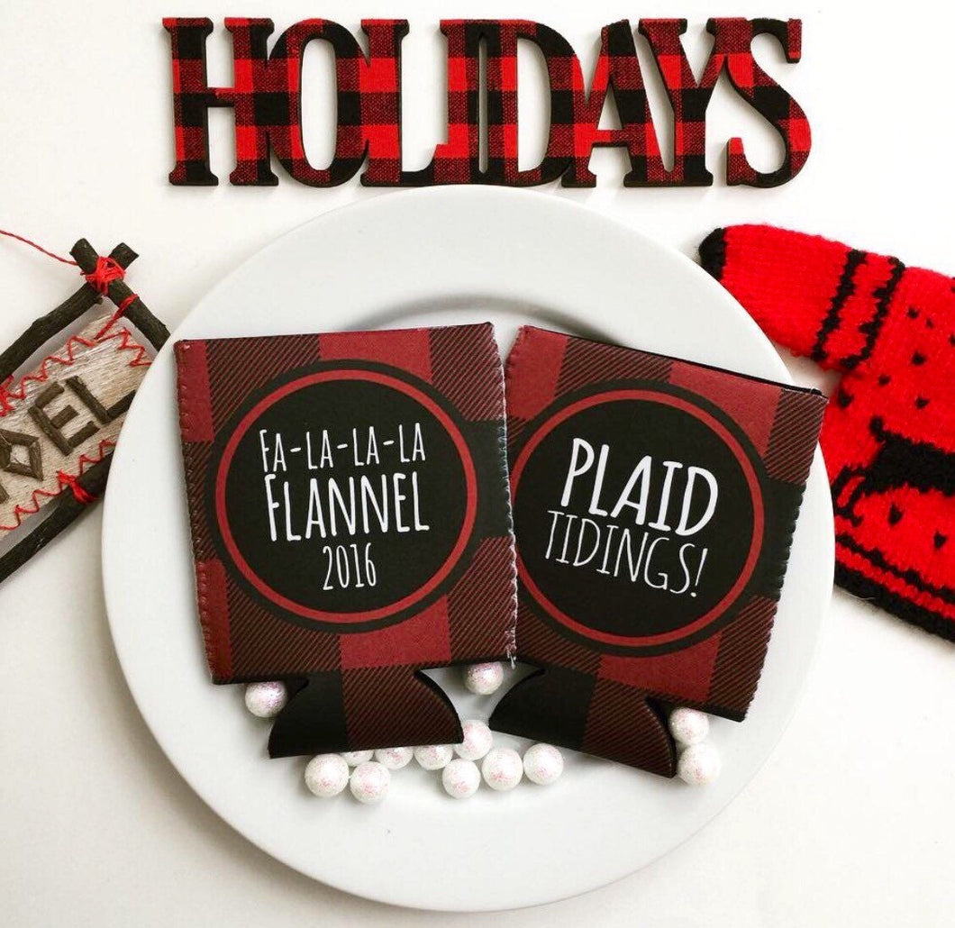 Buffalo Plaid  Party Huggers. Personalized Lumberjack party Coolies. Plaid Bachelorette or Birthday party coolers.