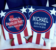 Load image into Gallery viewer, America Party Huggers. &#39;Merica Birthday Coolies! Bachelor Party Gifts. &#39;Merica Birthday Favors. Flag Party Huggers.
