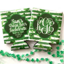 Load image into Gallery viewer, Shamrock Watercolor Huggers. St Patrick&#39;s Day Party Favors. St Patricks Bachelorette huggers. Irish Party Favors. Personalized Can Coolers!
