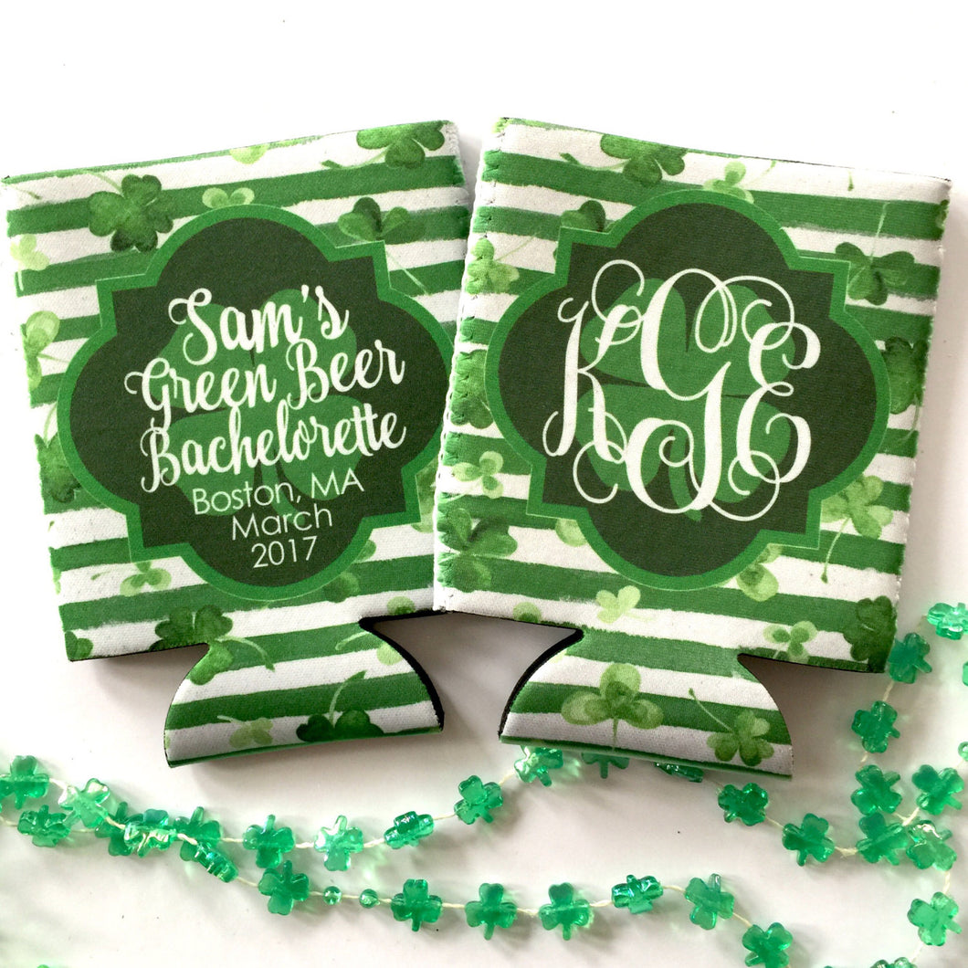 Shamrock Watercolor Huggers. St Patrick's Day Party Favors. St Patricks Bachelorette huggers. Irish Party Favors. Personalized Can Coolers!