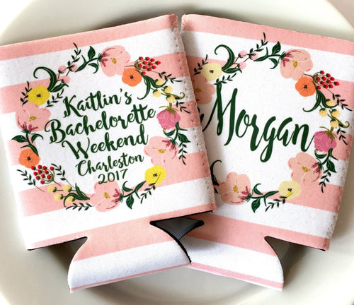 Wreath Party Huggers. Personalized Bachelorette Coolies. Birthday Party Favors. Cottage Chic Monogram Coolies! Bridesmaid Gifts.