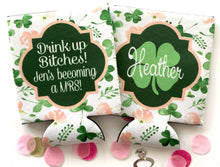 Load image into Gallery viewer, Shamrock Watercolor Huggers. St Patrick&#39;s Day Party Favors. Clover Bachelorette huggers. Irish Party Favors. Neon Personalized Can Coolers!
