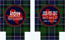 Load image into Gallery viewer, Blackwatch Plaid Party Huggers. Personalized Family Ski Vacation Coolies. Bachelorette or Bachelor Plaid Party coolers. Plaid party favors

