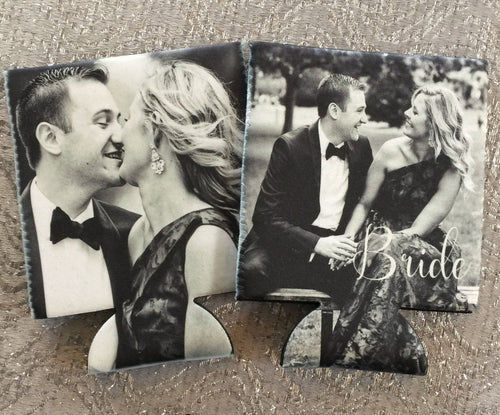 Custom photo Huggers.  Personalized wedding Can Coolers. Wedding party favors.Great Save the Date gifts!