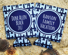 Load image into Gallery viewer, Sand Castle Vacation Huggers. Personalized Beach Bachelorette or Birthday Coolies. Beach Family Vacation Favors! Family Reunion too!
