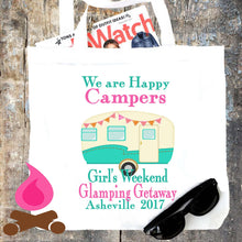 Load image into Gallery viewer, Happy Camper Tote bag. Bachelorette or Girls Weekend Totes! Mountain Girl&#39;s weekend Party Favor Bag. Glamping Party Totes.
