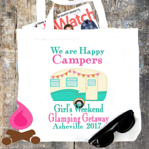 Happy Camper Tote bag. Bachelorette or Girls Weekend Totes! Mountain Girl's weekend Party Favor Bag. Glamping Party Totes.