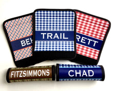 Load image into Gallery viewer, Guys Plaid Neoprene luggage finder. Personalized suitcase identifier. Groomsman Gifts! Great Gift for a Husband, Boyfriend, Brother or Son!
