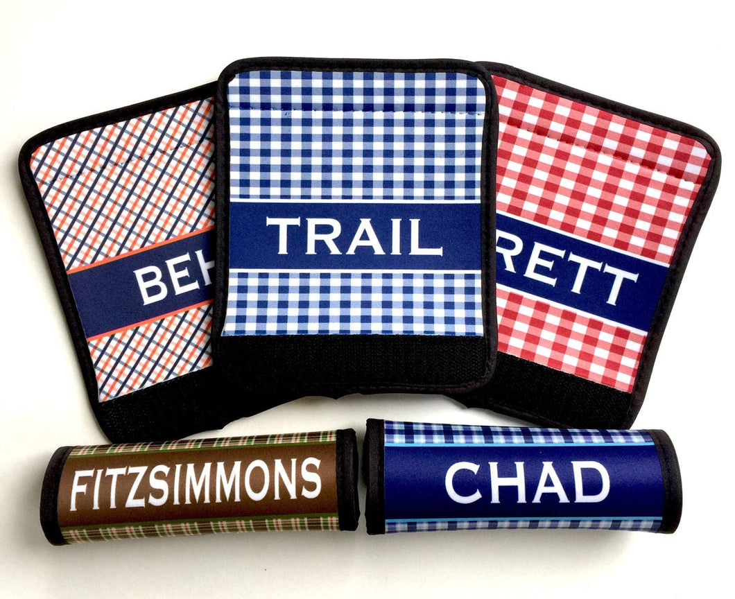 Guys Plaid Neoprene luggage finder. Personalized suitcase identifier. Groomsman Gifts! Great Gift for a Husband, Boyfriend, Brother or Son!