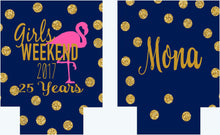 Load image into Gallery viewer, Flamingo &quot;Glitter&quot; Beverage Huggers. Flamingo Party Coolies. Flamingo Birthday or Bachelorette Party Favors. Flamingle Party Favors!
