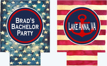 Load image into Gallery viewer, Stars and Stripes Watercolor Party Huggers. &#39;Merica Birthday Coolies! Flag Wedding Favors. &#39;Merica Birthday Favors. Flag Party Huggers.
