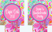 Load image into Gallery viewer, Floral Party Can Coolies. Tropical Flowers Beverage Insulators.Monogram Bridesmaid or Bachelorette Party Favors.Girl&#39;s Weekend Beach Favors.
