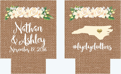 Flower Burlap Party Huggers. Bachelorette or Birthday Coolies. Burlap Flower Huggers. Floral Wedding Shower Huggers!