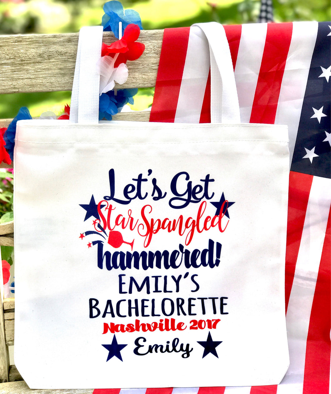 Red White and Blue Tote bag. USA Bachelorette or Girls Weekend Tote Bag. Custom America Wedding Welcome Bag. Girls Weekend Beach Bag!