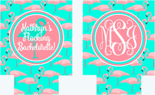 Load image into Gallery viewer, Bachelorette Flamingo Huggers. Birthday or Girls Weekend Coolies. Monogram Bachelorette Party Favors. Personalized Beverage Insulators!
