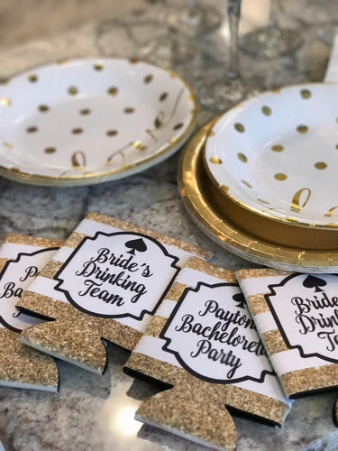 Gold and White Glitter Vegas Huggers. "Glitter" Bachelorette or Birthday Huggers. Personalized Gold Glitter Bachelorette Party Favors.