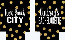 Load image into Gallery viewer, Gold and Black Polka Dot Huggers. Bachelorette or Birthday Huggers. Gold &quot;Glitter&quot; and Black Girl&#39;s Weekend Favors.
