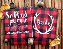 Load image into Gallery viewer, Red Plaid Antler Party Huggers. Plaid Bachelorette Party Favors! Mountain Vacation Flannel Party Huggers. Asheville Party Flannel Fling!
