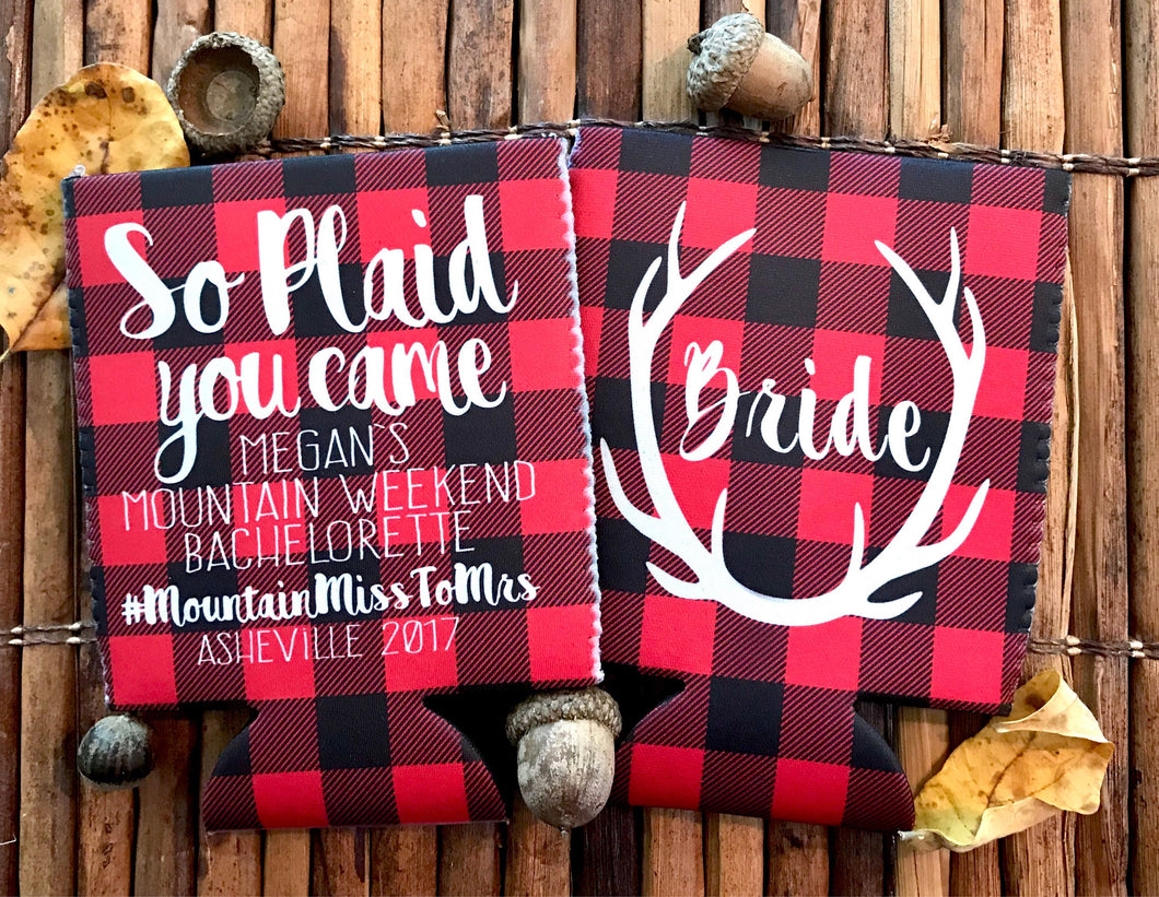 Red Plaid Antler Party Huggers. Plaid Bachelorette Party Favors! Mountain Vacation Flannel Party Huggers. Asheville Party Flannel Fling!