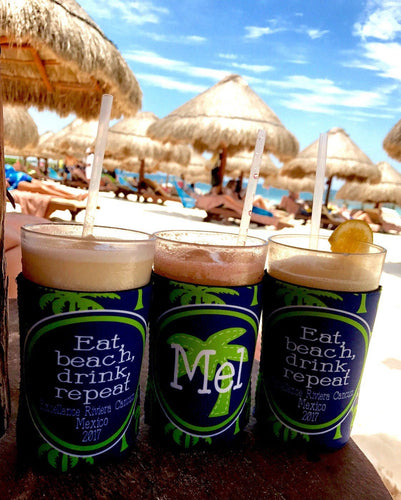 Navy Palm Tree Vacation Huggers. Bachelorette or Birthday Beach Favors. Slim Beach Bachelorette Party Favors.Personalized vacation Huggers!