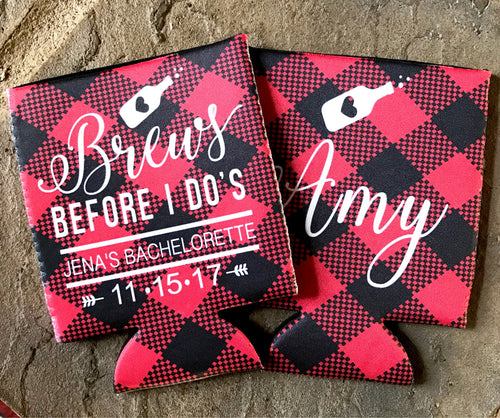 Brews Before I do's! Buffalo Plaid Party Huggers. Plaid Bachelorette Party Favors! Buffalo Plaid Wedding Party Favors. Lumberjack Party!