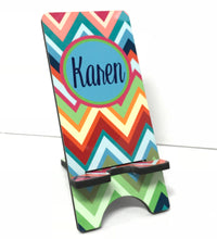 Load image into Gallery viewer, Bright Chevron Monogram Cell Phone Stand. Cell Phone Stand, Fits most all Cell phones, iPhone dock for Dorm Rooms, College, Back to School
