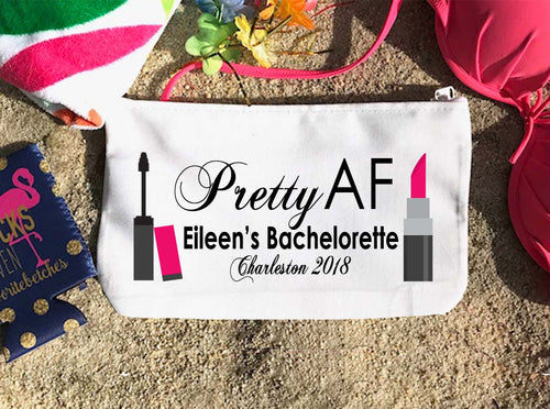Pretty Make up bag. Great Bachelorette or Girls Weekend Favors. Bachelorette Cosmetic Bag. Bridesmaid Proposal Wedding Party Gifts!