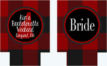 Load image into Gallery viewer, Buffalo Plaid  Party Huggers. Personalized Lumberjack party Coolies. Plaid Bachelorette or Birthday party coolers.
