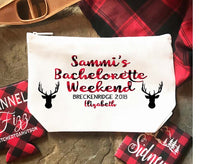 Load image into Gallery viewer, Mountain Party Make Up bag. Great Bachelorette or Girls Weekend Favors. Bachelorette Plaid Weekend Make up Bag.
