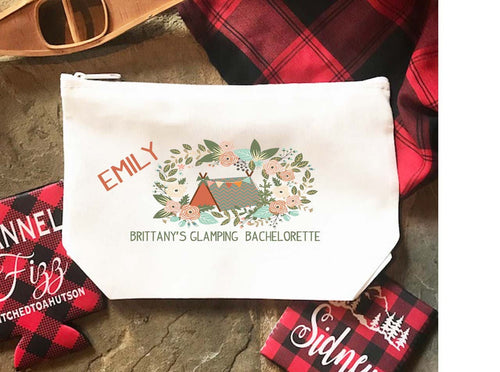 Glamping Make Up bag. Great Bachelorette or Girls Weekend Favors. Beach Weekend Make up Bag. Camping Party favors! Glamping make up bag!