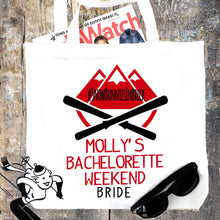 Load image into Gallery viewer, Ski Party Tote bag. Bachelorette or Girls Weekend Totes! Mountain Girl&#39;s weekend Party Favor Bag.

