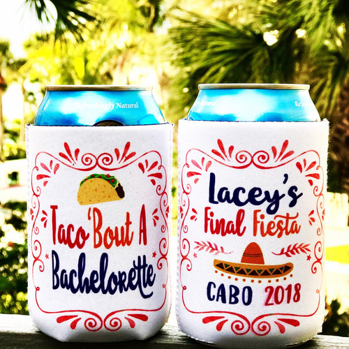 Fiesta Party Can Huggers. Bachelorette Fiesta Favors. Custom Fiesta Birthday Party or Wedding Shower Can Coolers! Cabo or Cancun Party!