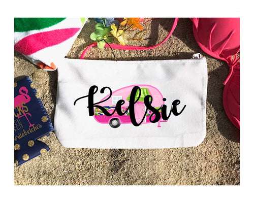 Glamping Make Up bag. Great Bachelorette or Girls Weekend Favors. Beach Weekend Make up Bag. Camping Party favors! Glamping make up bag!