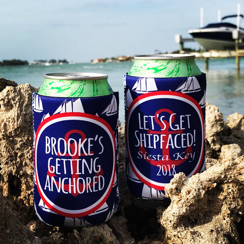 Nautical Ship Can Coolers. Preppy Nautical Huggers. Nautical Ship Faced Party Favors. Personalized Birthday Coolies!