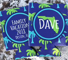 Load image into Gallery viewer, Palm Tree Vacation Huggers. Bachelorette or Birthday Beach Can Coolies. Beach Wedding Party Favors.Personalized Family vacation Huggers!

