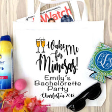 Load image into Gallery viewer, Mimosa Tote bag. Beach Party Bachelorette or Girls Weekend Totes! Wake me for Mimosas! Birthday Party Favor Bag.
