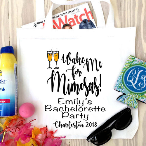 Mimosa Tote bag. Beach Party Bachelorette or Girls Weekend Totes! Wake me for Mimosas! Birthday Party Favor Bag.