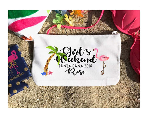 Beach Scene Flamingo Make Up bag. Great Bachelorette or Girls Weekend Favors. Bachelorette Beach Weekend Make up Bag. Beach Wedding Favors.