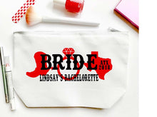 Load image into Gallery viewer, Texas Make Up bag. Great Austin Bachelorette or Girls Weekend Favors. Texas Wedding Weekend Make up Bag. Personalized Texas bag!
