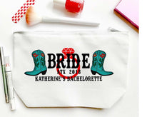 Load image into Gallery viewer, Boots and Bling Make Up bag. Great Austin Bachelorette or Girls Weekend Favors. Nashville Weekend Make up Bag. Personalized Texas bag!
