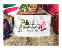 Load image into Gallery viewer, Palm and Flip Flops  Make Up bag. Great Bachelorette or Girls Weekend Favors. Bachelorette Beach Weekend Make up Bag. Beach Wedding Favors.
