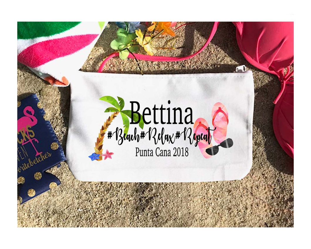 Palm and Flip Flops  Make Up bag. Great Bachelorette or Girls Weekend Favors. Bachelorette Beach Weekend Make up Bag. Beach Wedding Favors.