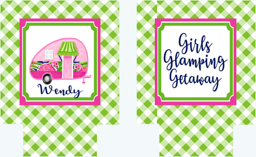 Glamping Gingham Party Huggers. Happy Camper Party Favors. Girls weekend coolies. Camper Girls Trip Favors. Personalized Camping Huggers!