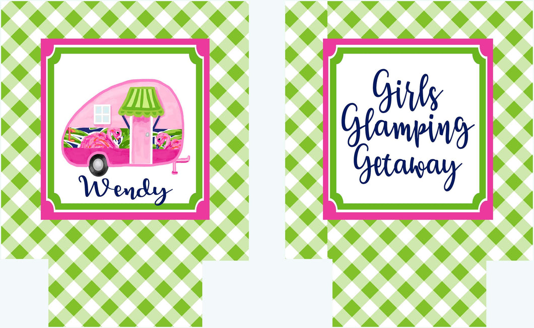 Glamping Gingham Party Huggers. Happy Camper Party Favors. Girls weekend coolies. Camper Girls Trip Favors. Personalized Camping Huggers!