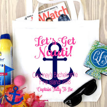 Load image into Gallery viewer, Get Nauti Anchor Tote bag. Vacation Bachelorette or Bridesmaid Tote Bag. Custom Nautical Wedding Welcome Favor Bag. Girls Weekend Beach Bag!
