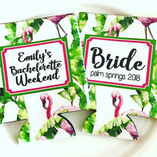 Load image into Gallery viewer, Palm and Flamingo Party Huggers. Tropical Wedding or Bachelorette Party Favors. Girl&#39;s Weekend or Flamingle Vacation Beach Favors.
